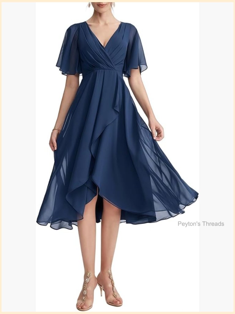 Wrap V Neck Flutter Sleeve Chiffon Cocktail Wedding Guest Dress Flow Midi